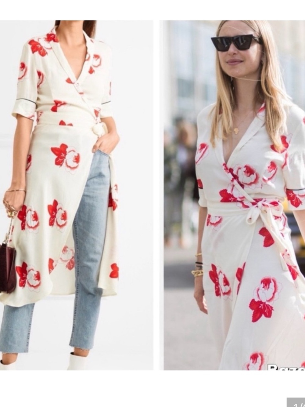 Ganni Dress cream/red floral Harley crepe wrap dress